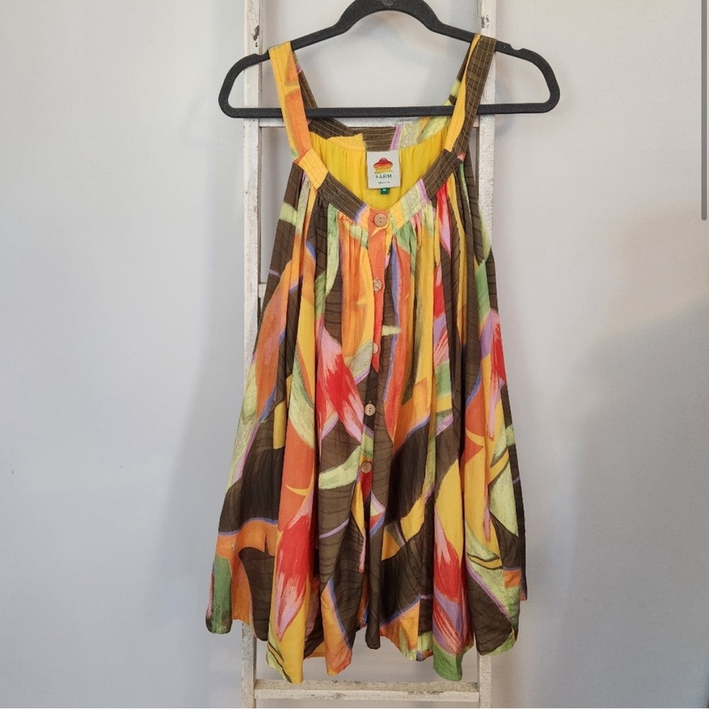 Farm Rio Dress womens Medium NWOT Yellow garden mini sleeveless floral flowy